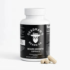 Beard growth capsules in white bottle with black label, promoting beard vitality and growth