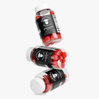 Beard growth gummies in clear bottles with black labels, red passion fruit flavored supplements for men