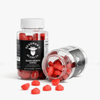 Red beard growth gummies in clear bottles, passion fruit flavor for beard vitality