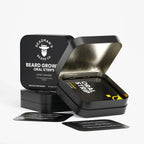 Beard growth oral strips in black tin, crisp orange flavor, promotes beard vitality