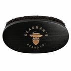 Black wooden beard brush with engraved logo, natural bristles for grooming