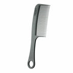 Black beard comb with fine and wide teeth, ergonomic handle, for grooming and styling facial hair.