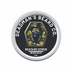 Death by Citrus beard balm in silver tin with skull and citrus design