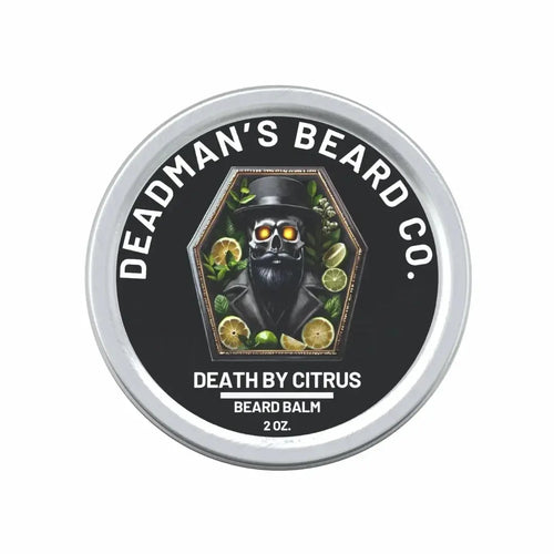 Death by Citrus beard balm in silver tin with skull and citrus design