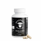 Beard growth capsules in white bottle with black label, promoting beard vitality and growth