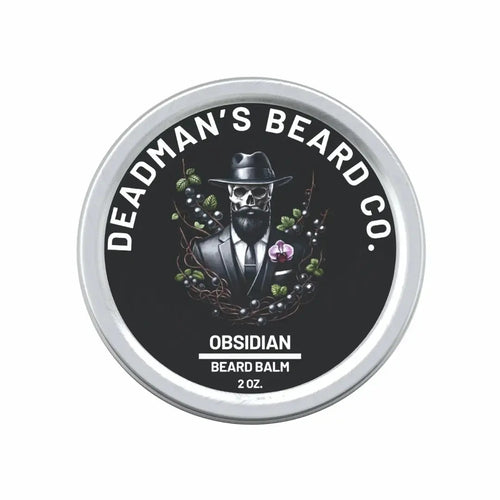 Obsidian Beard Balm in silver tin with skull logo, 2 oz