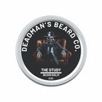 The Study beard balm in silver tin, 2 oz, with skull in suit design