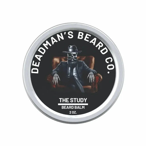 The Study beard balm in silver tin, 2 oz, with skull in suit design