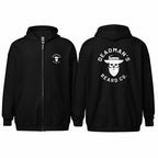Black zip-up hoodie with Deadman's Beard Co. skull logo front and back