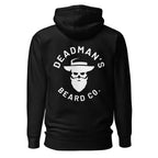 Black hoodie with Deadman's Beard Co. skull logo and beard design