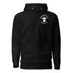 Black hoodie with Deadman's Beard Co. skull logo, beard care brand apparel