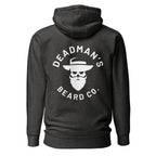 Dark gray hoodie with Deadman's Beard Co. logo featuring skull with beard and hat
