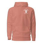 Coral hoodie with Deadman's Beard Co. logo, featuring bearded skull design