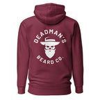 Maroon hoodie with Deadman's Beard Co. logo, skull with beard and hat design