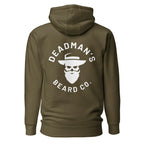 Olive hoodie with Deadman's Beard Co. skull logo, beard and hat design on back