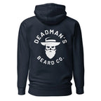 Black hoodie with Deadman's Beard Co. skull logo, beard and hat design