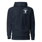 Navy hoodie with Deadman's Beard Co. skull logo, beard care brand apparel