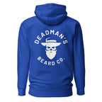 Blue hoodie with Deadman's Beard Co. logo, skull with beard and hat design