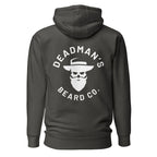 Black hoodie with Deadman's Beard Co. skull logo and beard design