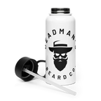 White water bottle with beard logo and straw, Deadman's Beard Co. branding