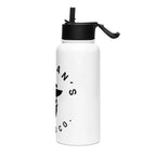 White water bottle with black lid and beard logo, for beard care enthusiasts