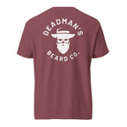 Maroon t-shirt with Deadman's Beard Co. logo featuring bearded skull in hat