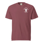 Maroon t-shirt with Deadman's Beard Co. logo featuring bearded skull in hat