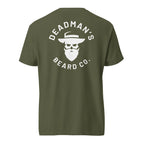 Olive green t-shirt with Deadman's Beard Co. logo featuring a bearded skull in a hat