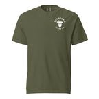 Olive green t-shirt with Deadman's Beard Co. logo, featuring a bearded skull in a hat.