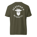 Olive green t-shirt with Deadman's Beard Co. logo featuring bearded skull in hat