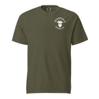 Olive green t-shirt with Deadman's Beard Co. skull logo, beard care brand apparel