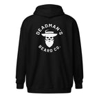 Black hoodie with Deadman's Beard Co. skull logo, beard care apparel