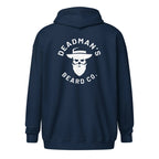 Navy hoodie with Deadman's Beard Co. skull logo, beard care brand apparel