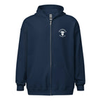 Navy zip-up hoodie with Deadman's Beard Co. logo, featuring bearded skull design