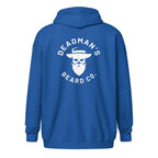 Blue hoodie with Deadman's Beard Co. skull logo on back