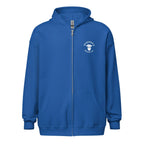 Blue zip-up hoodie with Deadman's Beard Co. logo, featuring bearded skull design.